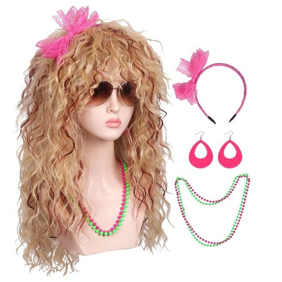 Women Long Curly Blonde Reddish Brown 80s Cosplay Wig with Lace Headband Earring